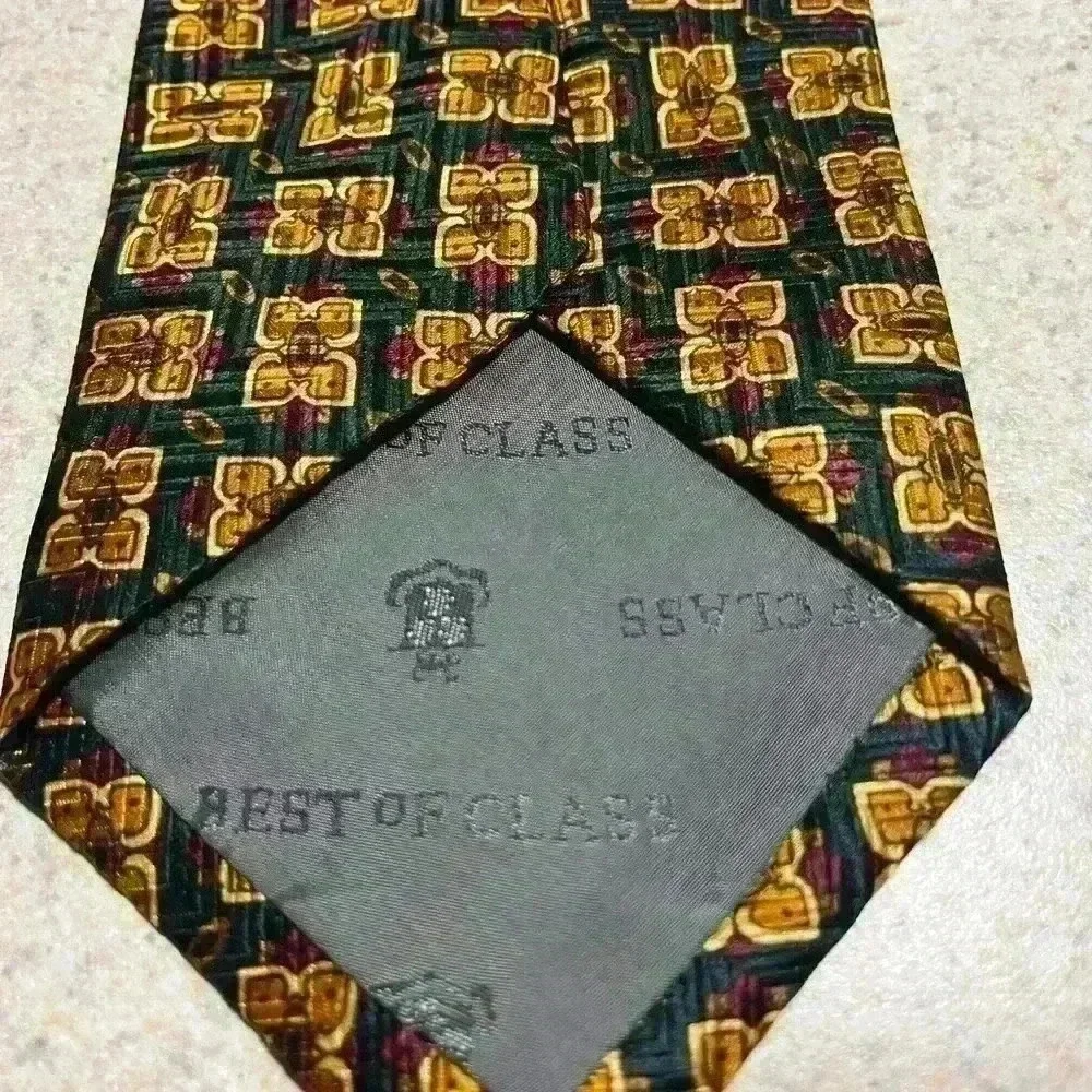 Robert Talbott Silk Necktie Green/Gold Square Print Handsewn